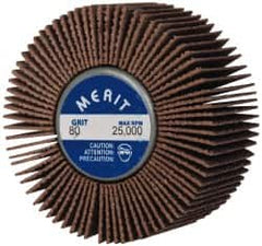 Merit Abrasives - 2" Diam x 1" Face Width, Medium Ceramic Alumina Coated Mounted Flap Wheel - 1/4-20 Threaded Mount, 80 Grit, Cloth Backing, 25,000 Max RPM - Benchmark Tooling