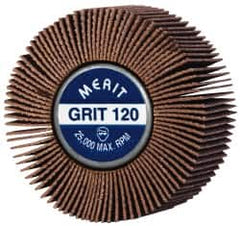 Merit Abrasives - 2" Diam x 1" Face Width, Fine Ceramic Alumina Coated Mounted Flap Wheel - 1/4-20 Threaded Mount, 120 Grit, Cloth Backing, 25,000 Max RPM - Benchmark Tooling