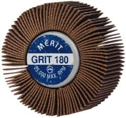 Merit Abrasives - 2" Diam x 1" Face Width, Very Fine Ceramic Alumina Coated Mounted Flap Wheel - 1/4-20 Threaded Mount, 180 Grit, Cloth Backing, 25,000 Max RPM - Benchmark Tooling