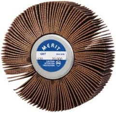 Merit Abrasives - 3" Diam x 1" Face Width, Fine Ceramic Alumina Coated Mounted Flap Wheel - 1/4-20 Threaded Mount, 120 Grit, Cloth Backing, 20,000 Max RPM - Benchmark Tooling