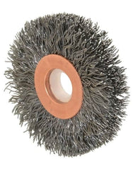 Anderson - 2" OD, 1/2" Arbor Hole, Crimped Steel Wheel Brush - 1/4" Face Width, 1/2" Trim Length, 0.0118" Filament Diam, 20,000 RPM - Benchmark Tooling