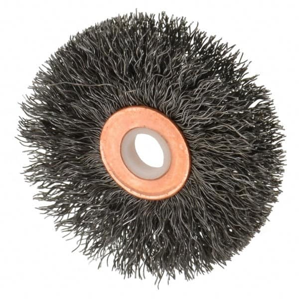 Anderson - 2-1/2" OD, 1/2" Arbor Hole, Crimped Steel Wheel Brush - 1/4" Face Width, 3/4" Trim Length, 0.0118" Filament Diam, 20,000 RPM - Benchmark Tooling