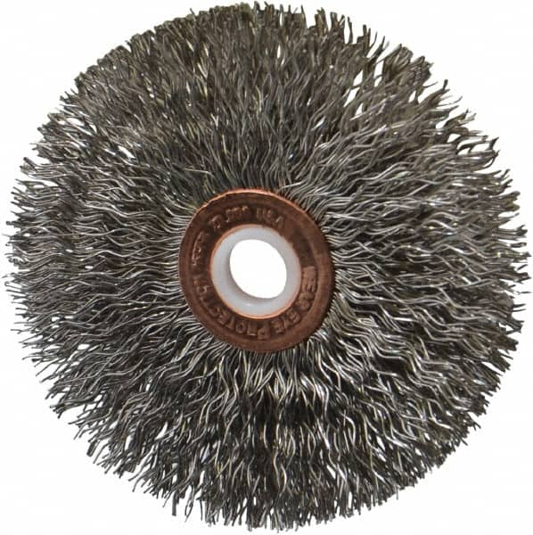 Anderson - 3" OD, 1/2" Arbor Hole, Crimped Stainless Steel Wheel Brush - 1/4" Face Width, 1" Trim Length, 0.014" Filament Diam, 20,000 RPM - Benchmark Tooling