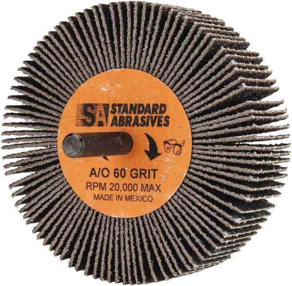Standard Abrasives - 3" Diam x 1" Face Width, Medium Aluminum Oxide Coated Mounted Flap Wheel - 1/4" Shank Mount, 60 Grit, X Weighted Backing, 20,000 Max RPM - Benchmark Tooling