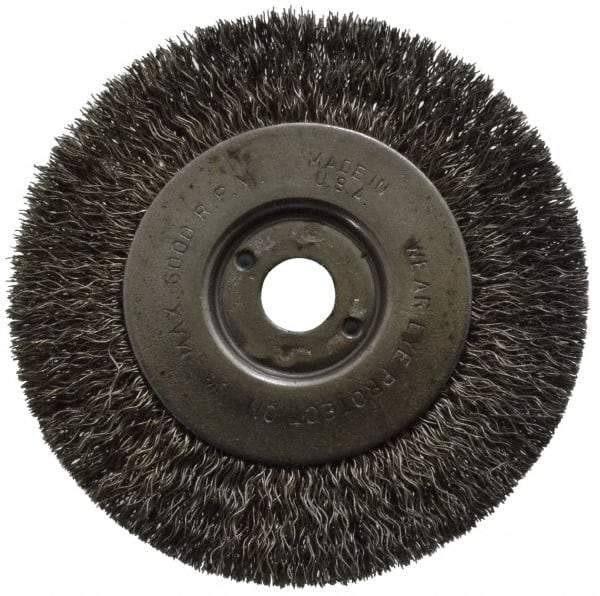 Anderson - 4" OD, 1/2" Arbor Hole, Crimped Stainless Steel Wheel Brush - 11/32" Face Width, 13/16" Trim Length, 0.0104" Filament Diam, 6,000 RPM - Benchmark Tooling