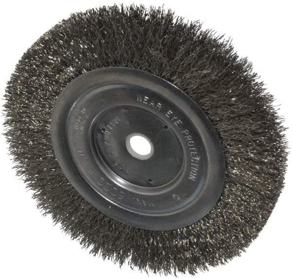 Anderson - 6" OD, 1/2" Arbor Hole, Crimped Stainless Steel Wheel Brush - 1/2" Face Width, 1-1/16" Trim Length, 0.0104" Filament Diam, 6,000 RPM - Benchmark Tooling