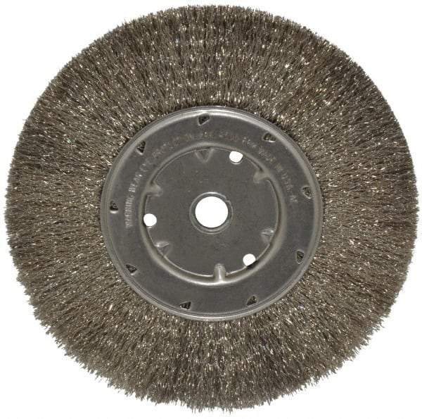 Anderson - 8" OD, 5/8" Arbor Hole, Crimped Stainless Steel Wheel Brush - 1/2" Face Width, 1-13/16" Trim Length, 0.0104" Filament Diam, 4,500 RPM - Benchmark Tooling