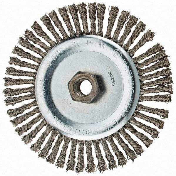 Anderson - 6" OD, 5/8-11 Arbor Hole, Knotted Stainless Steel Wheel Brush - 3/16" Face Width, 1-1/8" Trim Length, 0.02" Filament Diam, 12,500 RPM - Benchmark Tooling