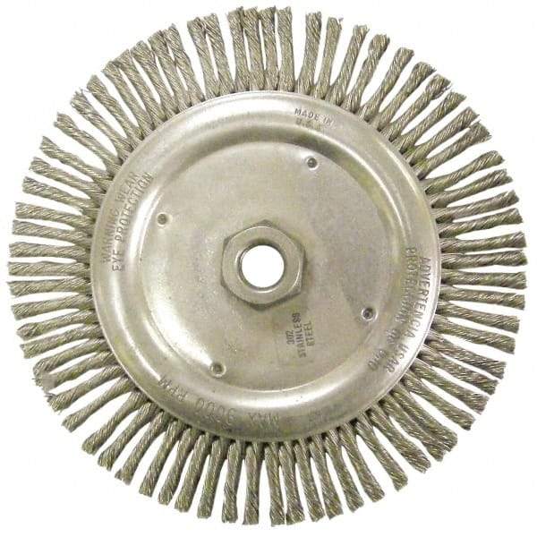 Anderson - 6-7/8" OD, 5/8-11 Arbor Hole, Knotted Stainless Steel Wheel Brush - 1/8" Face Width, 1-1/8" Trim Length, 0.02" Filament Diam, 9,000 RPM - Benchmark Tooling