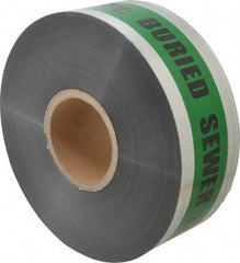 Presco - Caution: Buried Sewer Line Below, Detectable Underground Tape - 1,000 Ft. Long x 3 Inch Wide Roll, Polyethylene on Aluminum, 5 mil Thick, Green and Black - Benchmark Tooling