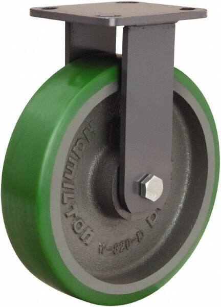Hamilton - 8" Diam x 2" Wide x 9-1/2" OAH Top Plate Mount Rigid Caster - Polyurethane Mold onto Cast Iron Center, 1,500 Lb Capacity, Tapered Roller Bearing, 4 x 4-1/2" Plate - Benchmark Tooling
