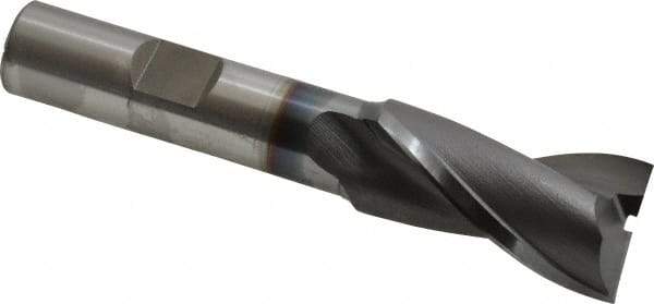 OSG - 23/32", 1-5/16" LOC, 1/2" Shank Diam, 3-5/16" OAL, 2 Flute, Vanadium High Speed Steel Square End Mill - Single End, TiCN Finish, Spiral Flute, 30° Helix, Centercutting, Right Hand Cut, Right Hand Flute, Series 573 - Benchmark Tooling