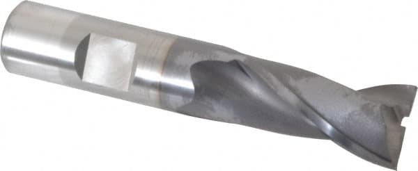 OSG - 11/16", 1-5/16" LOC, 5/8" Shank Diam, 3-7/16" OAL, 2 Flute, Vanadium High Speed Steel Square End Mill - Single End, TiCN Finish, Spiral Flute, 30° Helix, Centercutting, Right Hand Cut, Right Hand Flute, Series 573 - Benchmark Tooling