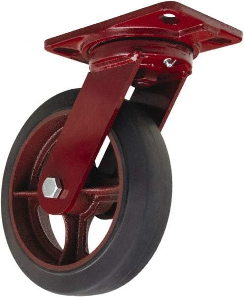 Hamilton - 8" Diam x 2" Wide x 9-3/4" OAH Top Plate Mount Swivel Caster - Rubber Mold on Cast Iron, 500 Lb Capacity, Tapered Roller Bearing, 4-1/2 x 6-1/2" Plate - Benchmark Tooling