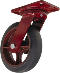 Hamilton - 8" Diam x 2" Wide x 9-3/4" OAH Top Plate Mount Swivel Caster - Rubber Mold on Cast Iron, 500 Lb Capacity, Tapered Roller Bearing, 4-1/2 x 6-1/2" Plate - Benchmark Tooling
