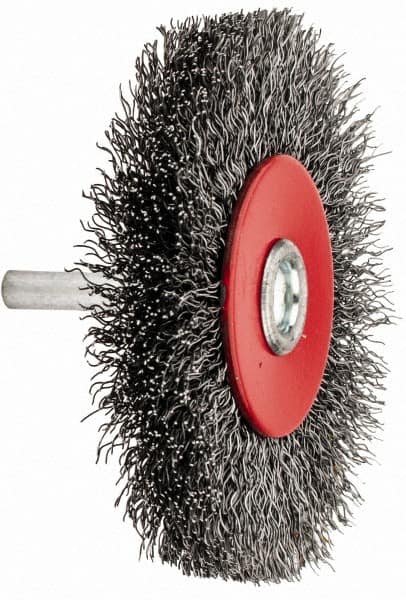 Value Collection - 3-1/16" OD, 1/4" Shank Diam, Crimped Steel Wheel Brush - 1/2" Face Width, 3/4" Trim Length, 0.015" Filament Diam, 12,000 RPM - Benchmark Tooling