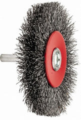 Value Collection - 3-1/16" OD, 1/4" Shank Diam, Crimped Steel Wheel Brush - 1/2" Face Width, 3/4" Trim Length, 0.015" Filament Diam, 12,000 RPM - Benchmark Tooling