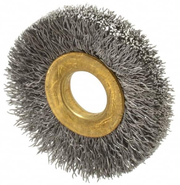 Value Collection - 1-1/2" OD, 3/8" Arbor Hole, Crimped Steel Wheel Brush - 1/4" Face Width, 3/8" Trim Length, 0.007" Filament Diam, 20,000 RPM - Benchmark Tooling