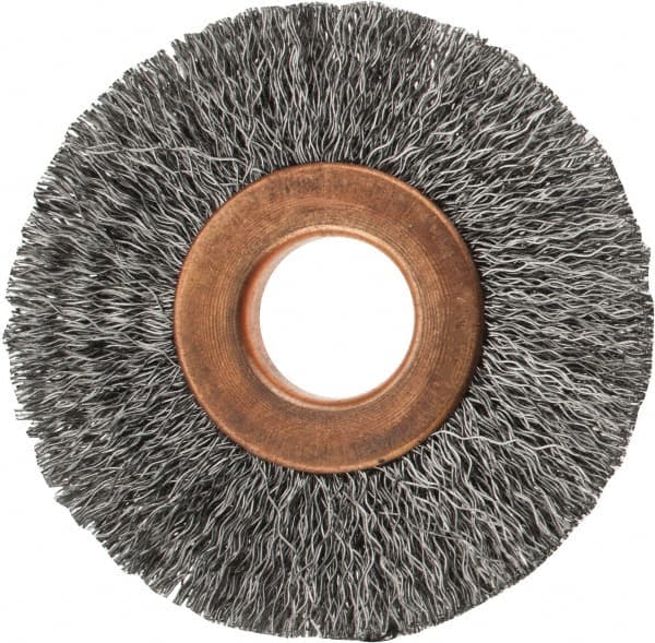 Value Collection - 2" OD, 1/2" Arbor Hole, Crimped Steel Wheel Brush - 5/16" Face Width, 1/2" Trim Length, 0.007" Filament Diam, 15,000 RPM - Benchmark Tooling