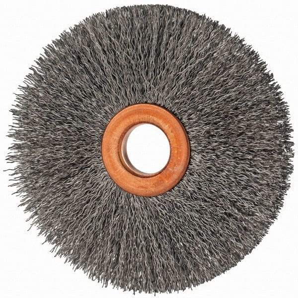 Value Collection - 3" OD, 1/2" Arbor Hole, Crimped Steel Wheel Brush - 3/8" Face Width, 1" Trim Length, 0.007" Filament Diam, 15,000 RPM - Benchmark Tooling