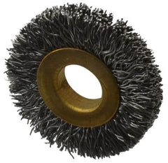 Value Collection - 1-1/4" OD, 3/8" Arbor Hole, Crimped Steel Wheel Brush - 1/4" Face Width, 9/32" Trim Length, 0.012" Filament Diam, 20,000 RPM - Benchmark Tooling