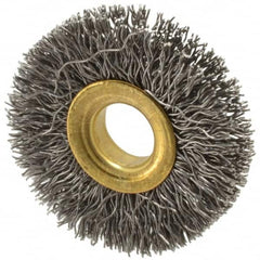 Value Collection - 1-1/2" OD, 3/8" Arbor Hole, Crimped Steel Wheel Brush - 1/4" Face Width, 3/8" Trim Length, 0.012" Filament Diam, 20,000 RPM - Benchmark Tooling