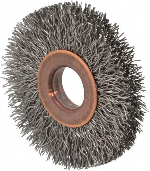 Value Collection - 2" OD, 1/2" Arbor Hole, Crimped Steel Wheel Brush - 5/16" Face Width, 1/2" Trim Length, 0.012" Filament Diam, 15,000 RPM - Benchmark Tooling