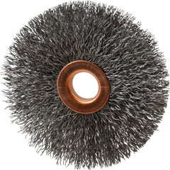 Value Collection - 3" OD, 1/2" Arbor Hole, Crimped Steel Wheel Brush - 3/8" Face Width, 1" Trim Length, 0.012" Filament Diam, 15,000 RPM - Benchmark Tooling