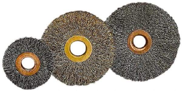 Value Collection - 2" OD, 1/2" Arbor Hole, Crimped Brass-Coated Steel Wheel Brush - 5/16" Face Width, 1/2" Trim Length, 0.007" Filament Diam, 15,000 RPM - Benchmark Tooling