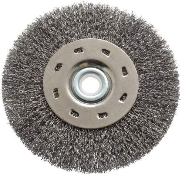 Value Collection - 5" OD, 1/2" Arbor Hole, Crimped Steel Wheel Brush - 1/2" Face Width, 1-15/64" Trim Length, 0.012" Filament Diam, 5,000 RPM - Benchmark Tooling