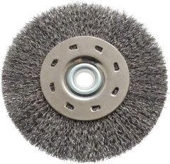 Value Collection - 5" OD, 1/2" Arbor Hole, Crimped Steel Wheel Brush - 1/2" Face Width, 1-15/64" Trim Length, 0.012" Filament Diam, 5,000 RPM - Benchmark Tooling