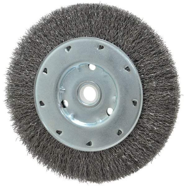 Value Collection - 6" OD, 1/2" Arbor Hole, Crimped Steel Wheel Brush - 1/2" Face Width, 1-15/64" Trim Length, 0.012" Filament Diam, 5,000 RPM - Benchmark Tooling