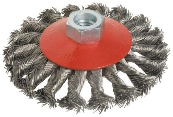 Value Collection - 4" OD, M14x2.00 Arbor Hole, Knotted Steel Wheel Brush - 1/2" Face Width, 7/8" Trim Length, 0.015" Filament Diam, 12,500 RPM - Benchmark Tooling