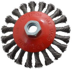 Value Collection - 4-9/16" OD, 5/8-11 Arbor Hole, Knotted Steel Wheel Brush - 9/16" Face Width, 7/8" Trim Length, 0.015" Filament Diam, 12,500 RPM - Benchmark Tooling