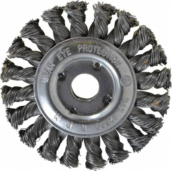 Value Collection - 4" OD, 5/8" Arbor Hole, Knotted Steel Wheel Brush - 1/2" Face Width, 3/4" Trim Length, 0.012" Filament Diam, 12,500 RPM - Benchmark Tooling