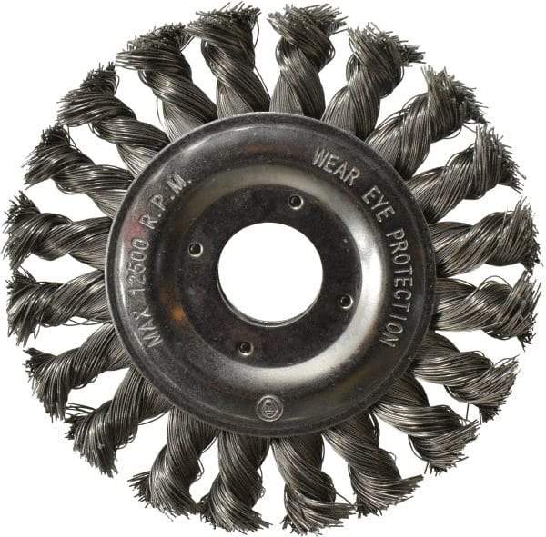 Value Collection - 4-1/2" OD, 7/8" Arbor Hole, Knotted Steel Wheel Brush - 1/2" Face Width, 7/8" Trim Length, 0.008" Filament Diam, 12,500 RPM - Benchmark Tooling