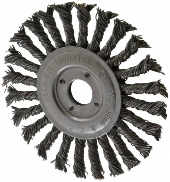 Value Collection - 6" OD, 7/8" Arbor Hole, Knotted Steel Wheel Brush - 1/2" Face Width, 1-1/2" Trim Length, 0.015" Filament Diam, 9,000 RPM - Benchmark Tooling