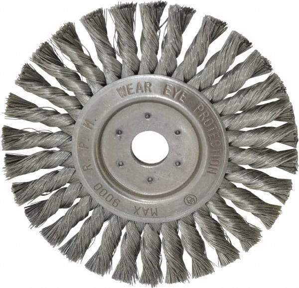 Value Collection - 7" OD, 7/8" Arbor Hole, Knotted Steel Wheel Brush - 1/2" Face Width, 1-11/16" Trim Length, 0.008" Filament Diam, 9,000 RPM - Benchmark Tooling