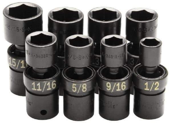 SK - 8 Piece 1/2" Drive Standard Impact Socket Set - 6 Points, 1/2 to 15/16", Inch Measurement Standard - Benchmark Tooling