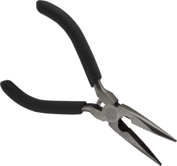 Value Collection - 5" OAL, 1-1/2" Jaw Length x 9/16" Jaw Width, Long Nose Side Cutting Mini Pliers - Serrated Jaw, Plastic Dipped Handles, with Spring - Benchmark Tooling