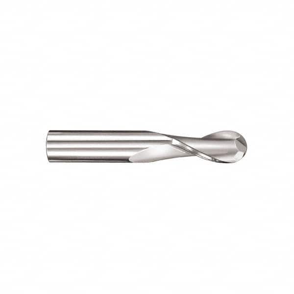 SGS - 15/32" Diam, 1" LOC, 2 Flute Solid Carbide Ball End Mill - TiN Finish, Single End, 3" OAL, 1/2" Shank Diam, Spiral Flute - Benchmark Tooling