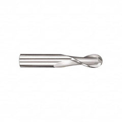 SGS - 15/32" Diam, 1" LOC, 2 Flute Solid Carbide Ball End Mill - TiN Finish, Single End, 3" OAL, 1/2" Shank Diam, Spiral Flute - Benchmark Tooling