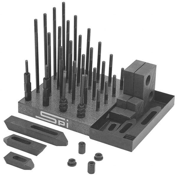 TE-CO - 53 Piece Fixturing Step Block & Clamp Set with 5/16" T-Slot, 5/16-18 Stud Thread - 3, 4, 5, 6, 7 & 8" Stud Lengths - Benchmark Tooling