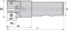 Kennametal - 3/4" Cut Diam, 0.357" Max Depth of Cut, 3/4" Shank Diam, 85.73mm OAL, Indexable Square Shoulder End Mill - AD.T 1035 Inserts, Weldon Shank, 0° Lead Angle, Through Coolant - Benchmark Tooling