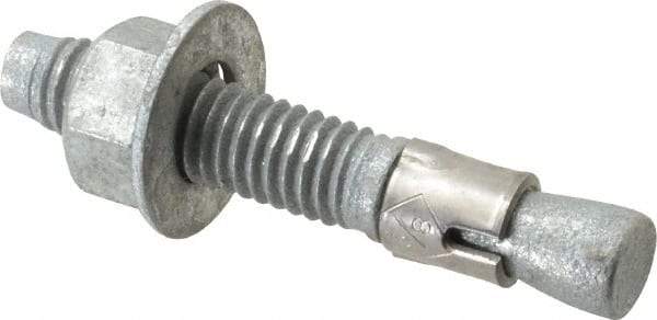 Made in USA - 3/8" Diam, 3/8" Drill, 2-1/4" OAL, 2-7/8" Min Embedment Wedge Expansion Concrete Anchor - Grade 5 Steel, Galvanized Finish, Hex Nut Head, Hex Drive, 1-3/16" Thread Length - Benchmark Tooling