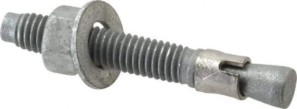 Made in USA - 3/8" Diam, 3/8" Drill, 2-3/4" OAL, 2-7/8" Min Embedment Wedge Expansion Concrete Anchor - Grade 5 Steel, Galvanized Finish, Hex Nut Head, Hex Drive, 1-5/8" Thread Length - Benchmark Tooling