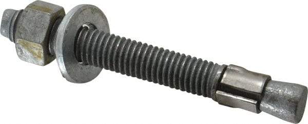 Made in USA - 1/2" Diam, 1/2" Drill, 4-1/4" OAL, 4-5/8" Min Embedment Wedge Expansion Concrete Anchor - Grade 5 Steel, Galvanized Finish, Hex Nut Head, Hex Drive, 3" Thread Length - Benchmark Tooling