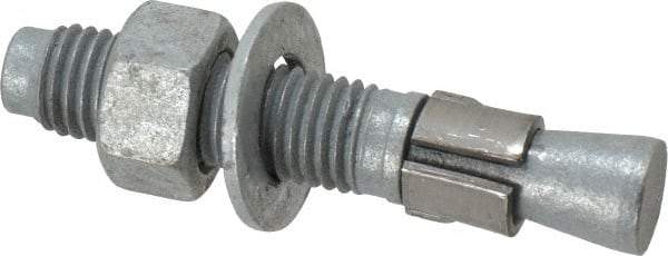 Made in USA - 3/4" Diam, 3/4" Drill, 4-1/4" OAL, 1-3/8" Min Embedment Wedge Expansion Concrete Anchor - Grade 5 Steel, Galvanized Finish, Hex Nut Head, Hex Drive, 2-3/8" Thread Length - Benchmark Tooling