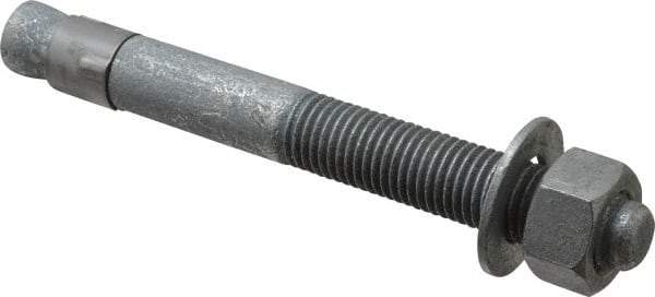 Made in USA - 7/8" Diam, 7/8" Drill, 8" OAL, 2-1/2" Min Embedment Wedge Expansion Concrete Anchor - Grade 5 Steel, Galvanized Finish, Hex Nut Head, Hex Drive, 4" Thread Length - Benchmark Tooling