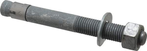 Made in USA - 1" Diam, 1" Drill, 9" OAL, 1-1/8" Min Embedment Wedge Expansion Concrete Anchor - Grade 5 Steel, Galvanized Finish, Hex Nut Head, Hex Drive, 4" Thread Length - Benchmark Tooling